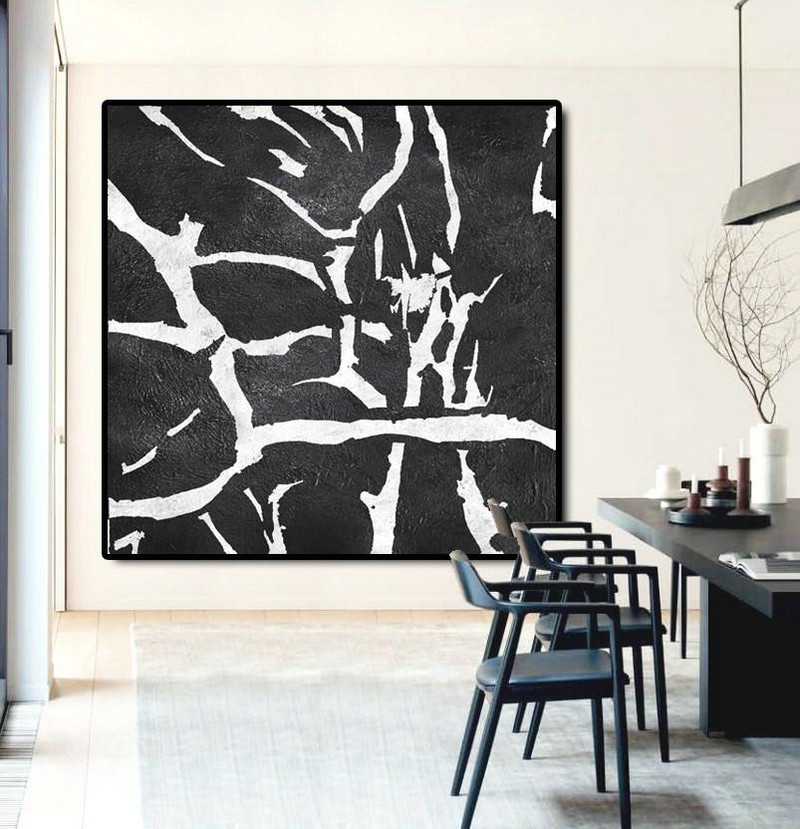 Acrylic Painting Wall Art,Oversized Minimal Black And White Painting - Hand-Painted Canvas Art